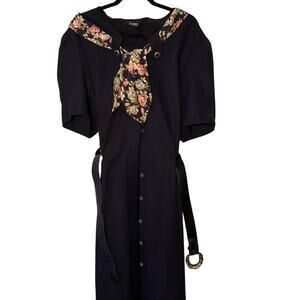 Jenny Vintage Navy Blue Floral Collar Button Front Belted Midi Dress Made in USA